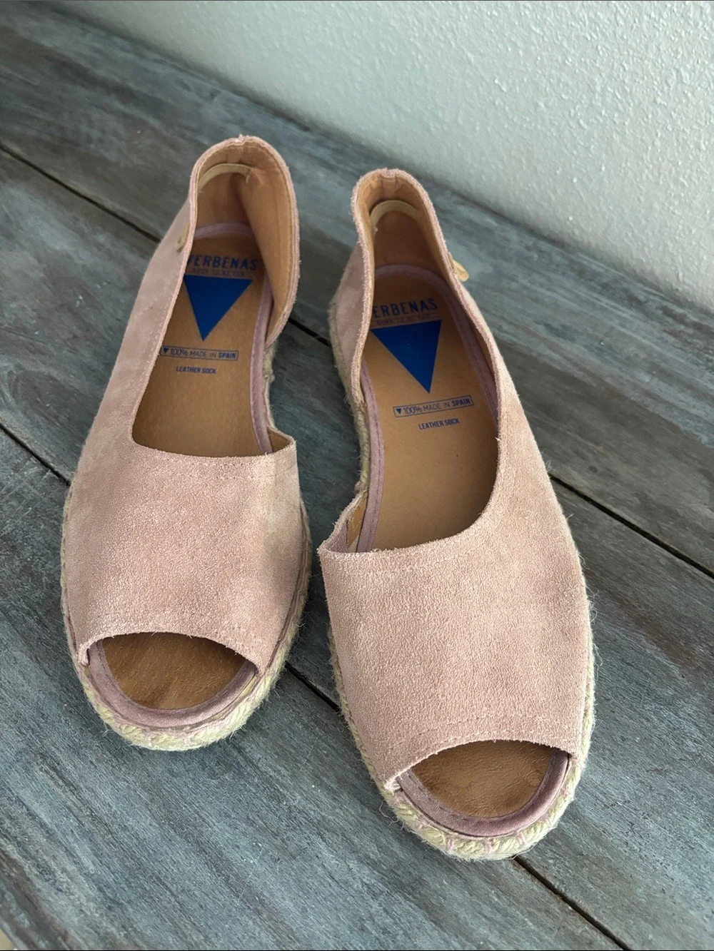 Verbenas Cruz Pink Suede Peep Toe Espadrille Flats Made in Spain Size 40 EU 9 US